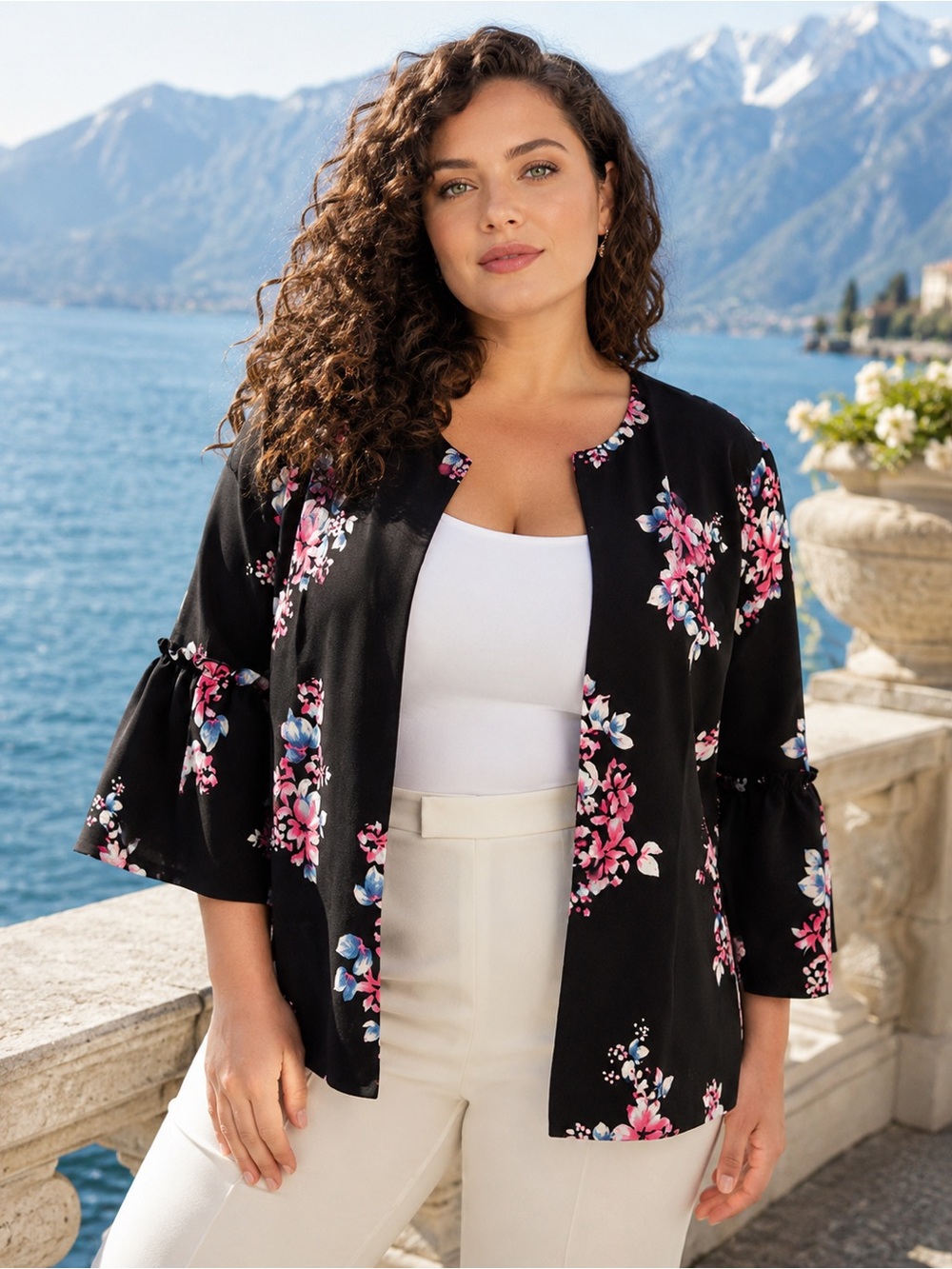 Lane Bryant Black Floral Open-Front Blazer